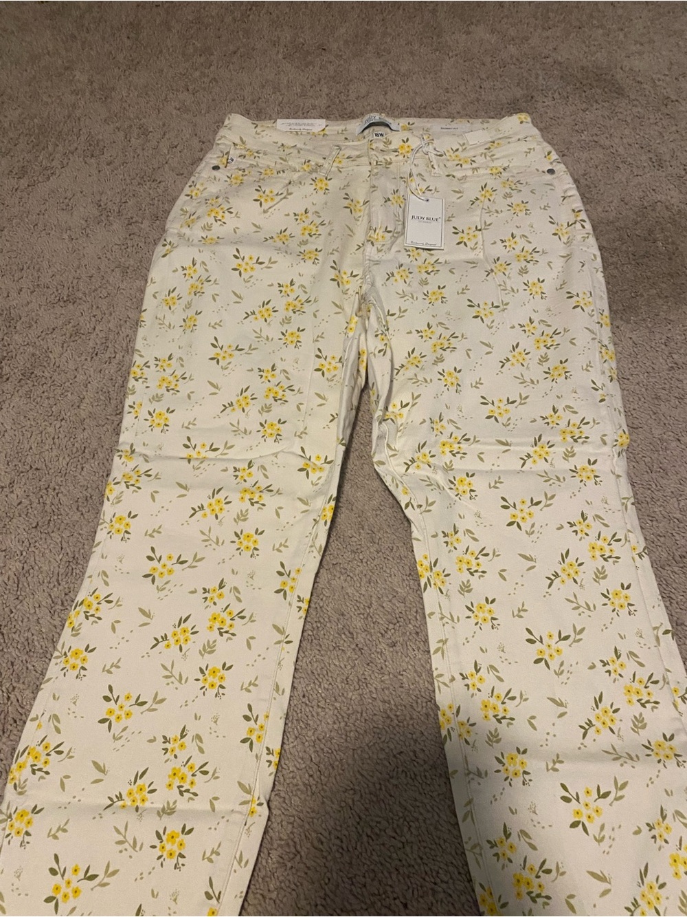 Judy Blue Cream Floral Print Jeans with Yellow Blossoms